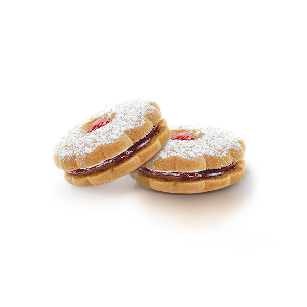 Smooth strawberry jam smashed in the middle of two crunchy butter cookies.