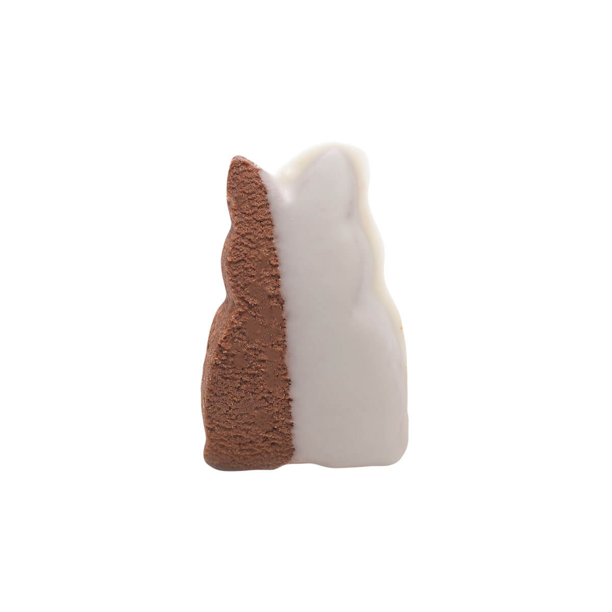 A buttery chocolate cookie shaped like a rabbit dipped in white chocolate.