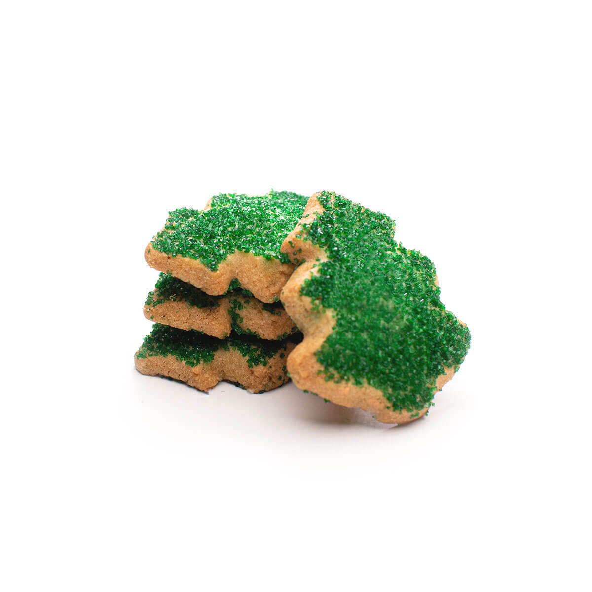 A buttery cookie with a Christmas tree shape sprinkled with green crystal sugar.