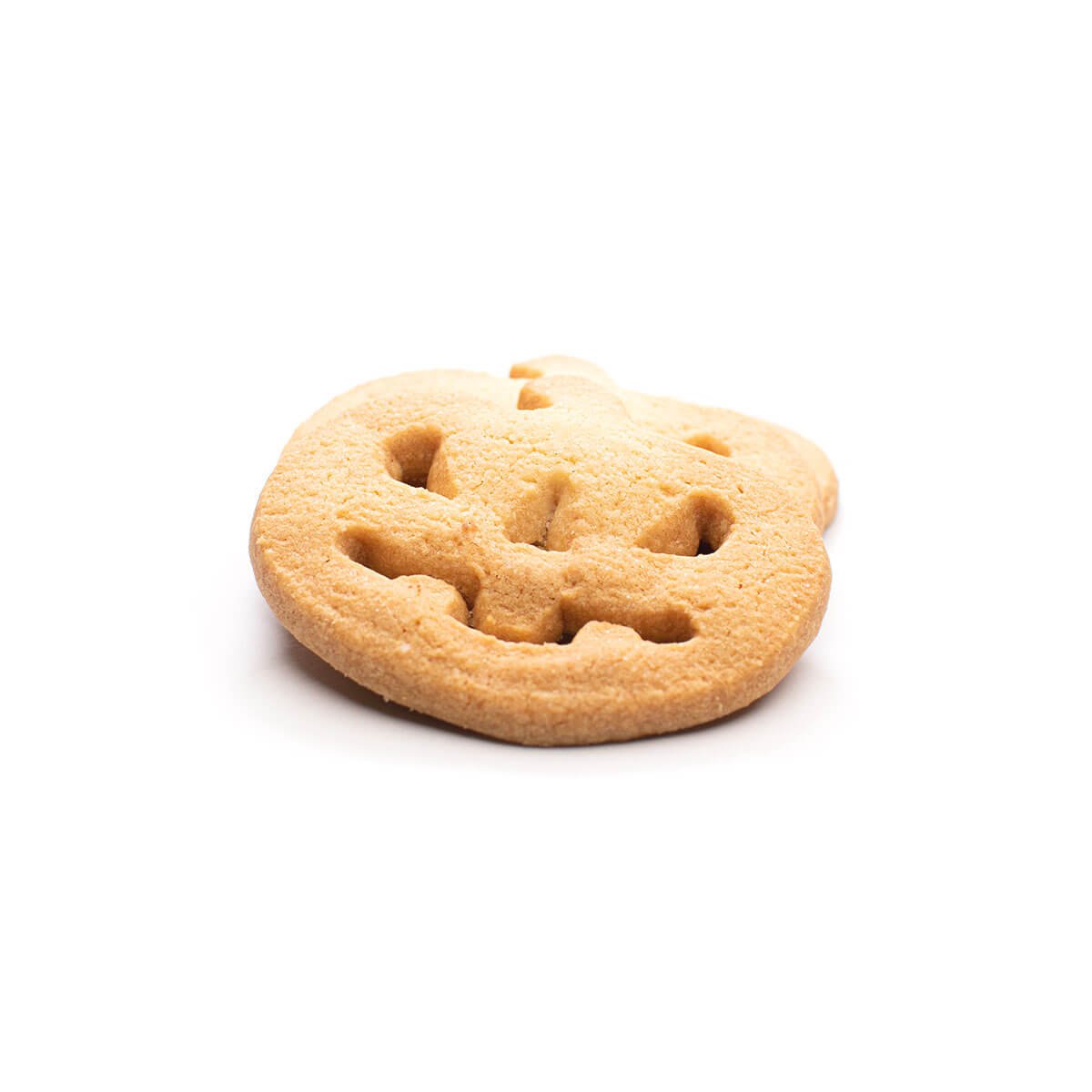A buttery cookie shaped like a pumpkin face.