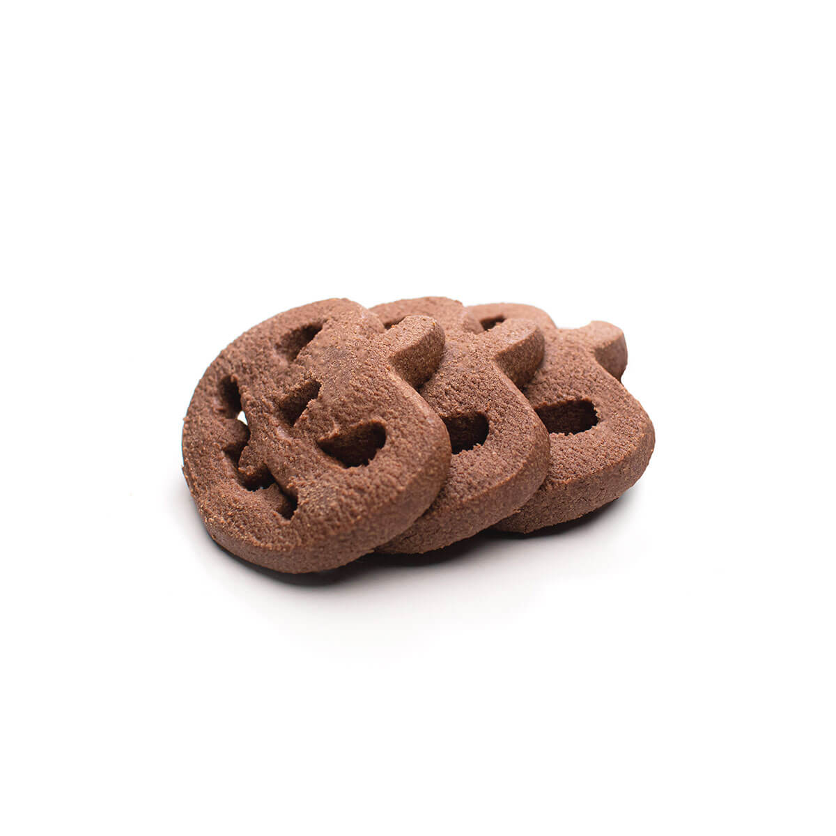 A buttery chocolate cookie shaped like a pumpkin face.
